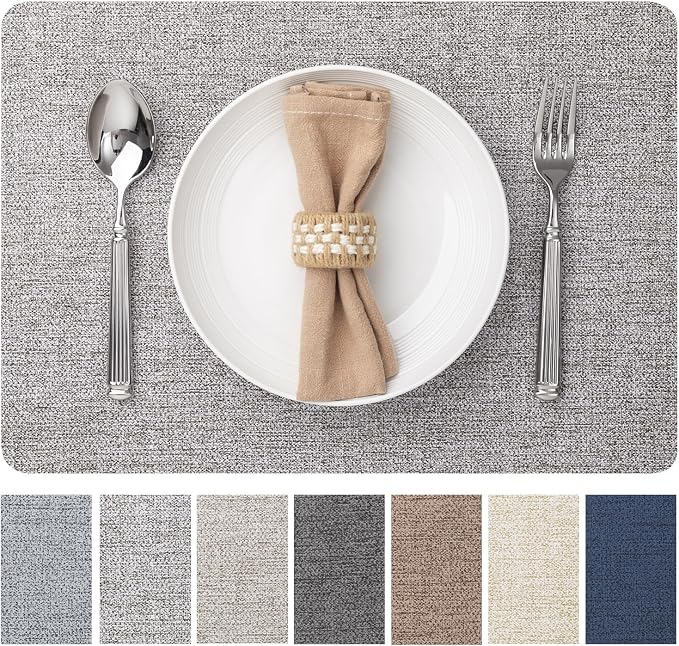 Baroyal Faux Leather Placemats Set of 6 Vinyl Washable Wipeable Table Mats for Kitchen Dining Table Heat Resistant Waterproof Modern Indoor/Outdoor Placemats Non-Slip Easy Clean Place Mats (Mid Gray)