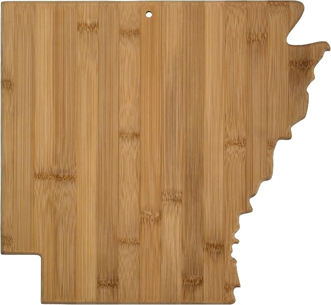 Totally Bamboo Arkansas State Shaped Serving and Cutting Board | State charcuterie board with natural bamboo grain. Knife-friendly surface for food prep. Hang tie for wall display.