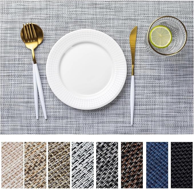 LEXMORE Placemats Set of 8 Vinyl/Plastic Woven Place Mats for Kitchen Table Indoor/Outdoor Washable Placemat Wipeable Dining Table Mats(Gray)