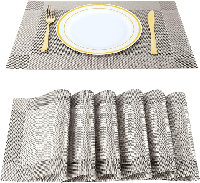 Placemats, Place Mats for Kitchen Dining Table, Heat-Resistant Anti-Skid Stain Washable PVC Table Mats, Easy to Cleaning Woven Vinyl Dinner Mats (Silver, 6 Pack)