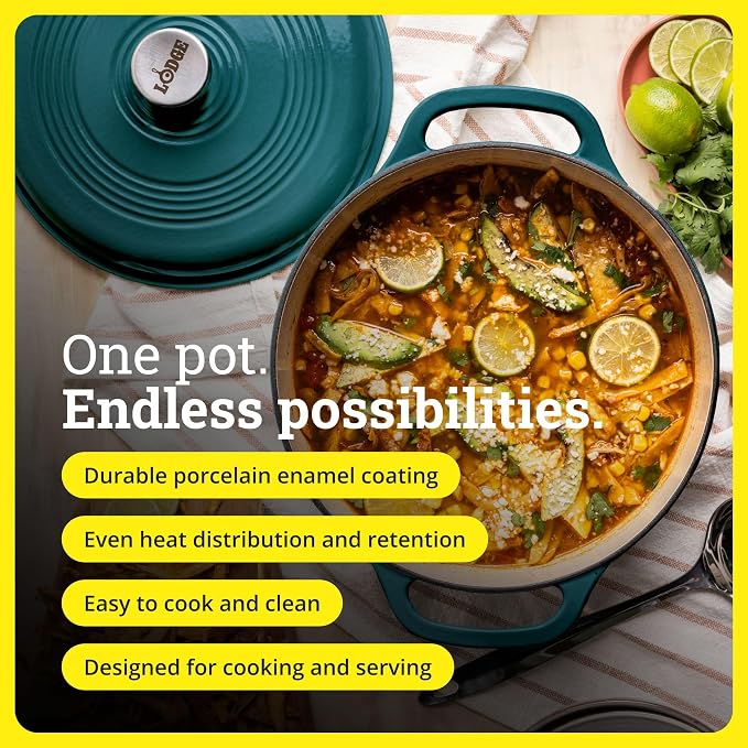 Lodge Essential Enamel Cast Iron Dutch Oven 6 Quarts - Perfect for Bread Baking, Braising, Marinating & Slow Cooking, Features Moisture-Sealing Lid & Dual Handles, Kitchen Essentials, Lagoon