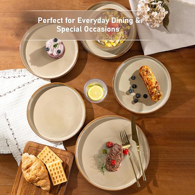 GBHOME Stoneware Dinnerware Sets for 6, 18-Piece Plates and Bowls Set | Handmade Reactive Glaze Ceramic Dish Set, Scratch Resistant, Dishwasher&Microwave Safe,Barley Latte