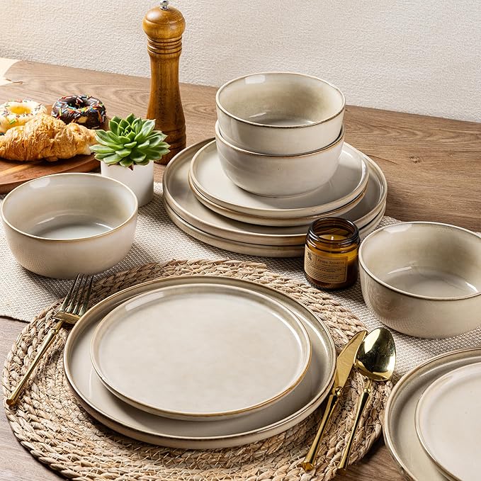 AmorArc Stoneware Dinnerware Sets for 4, 12Pcs Plates and Bowls Sets Dishes | Ceramic Round Reactive Glaze Dishes Set, Highly Scratch Resistant | Dishwasher & Microwave Safe Dishware