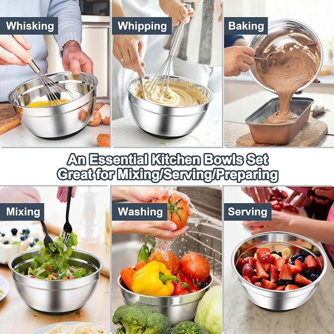 TeamFar Mixing Bowls, Stainless Steel Salad Bowls with Lids - Black | Nesting Bowls with Non-slip Bottom, for Kitchen Baking Preparing Serving, Stackable & 6PCS - 4.6 /2.6 /2 / 1.5 /1 / 0.7 Qt