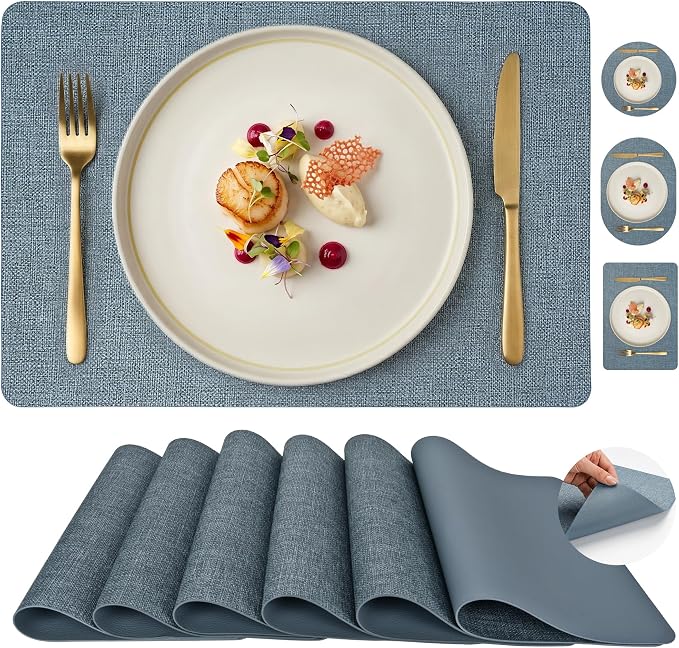 Faux Leather Placemats Set of 6, Wipeable Waterproof Stain Resistant Table Mats, Heat Resistant Thick Placemats with Hand-Painted Edges for Kitchen Dining, Imitative Linen Texture, Various Shapes