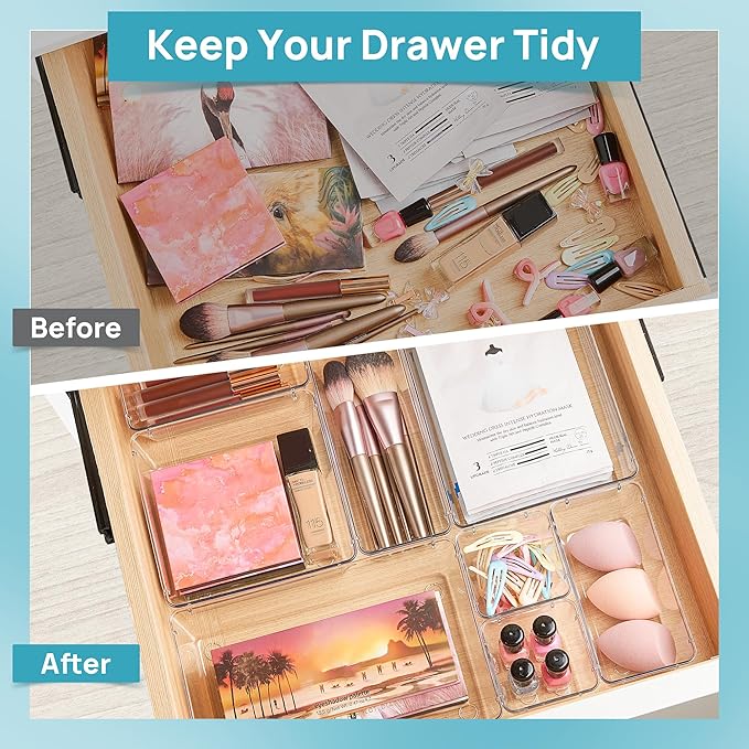 Vtopmart 28 Pack Clear Drawer Organizer Bins, 4 Sizes Storage Trays | Clear Storage Bins for Makeup, Bathroom, Kitchen & Office Drawers, Multi-Size Organizers Keep Toiletries, Tools & Essentials