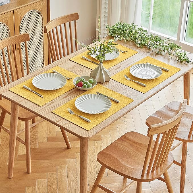 Softalker Faux Linen Placemats Set of 8-12 x 18 Inch, Heat Resistant Double Layered Durable Burlap Farmhouse Place Mats, Non-Slip Washable Rustic Table Mats for Dining, Kitchen, Party（Yellow