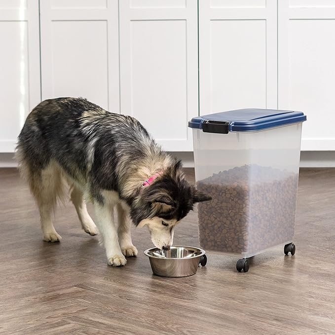 IRIS USA Dog Food Storage Container, Up to 40 lbs, Navy, Made in USA | Wheels for Mobility, Airtight Seal, BPA-Free, Best for Bird Seed, Cat food, Cat Litter, Chicken Feed, Pellets