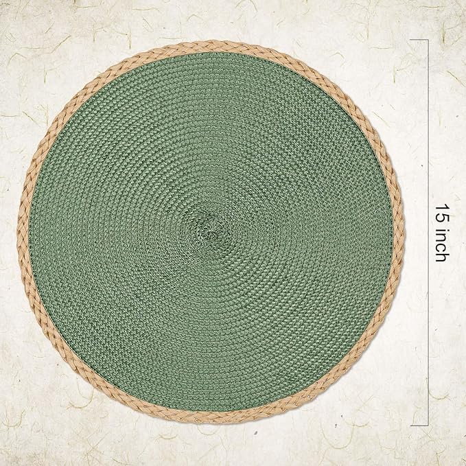 Round Placemats Set of 8, Woven Table Mats, Thin Edge, Green | Braided Paper Edge, 15 Inch Diameter, Fits Dinner Plate and Flatware, Wipeable, Heat Resistant, Indoor Dining, Outdoor Patio