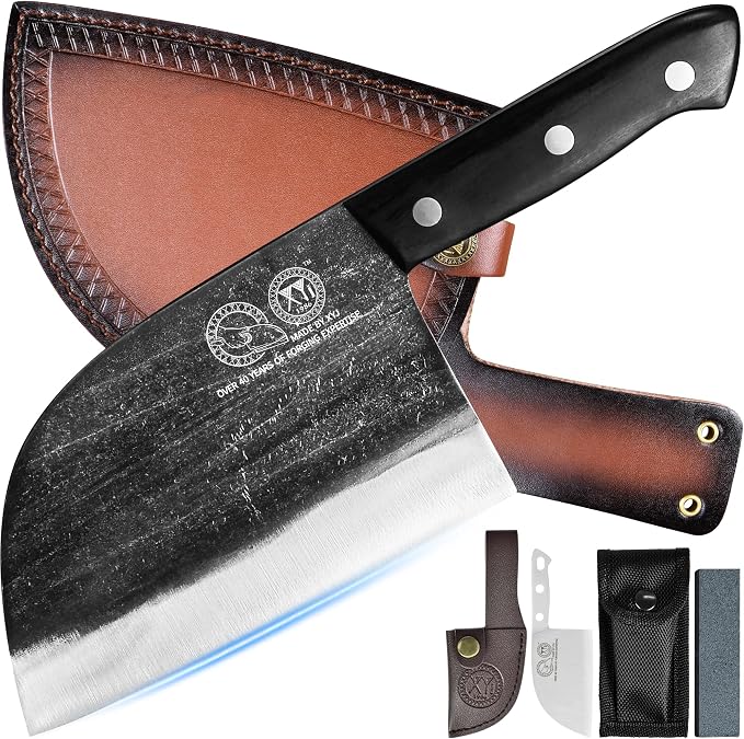 XYJ Authentic Since 1986,Outstanding Ancient Forging,6.7 Inch Full Tang,Serbian Chefs knife,Chef Meat Cleaver,Kitchen Knives,Set with Leather Sheath,Take Carrying,Butcher