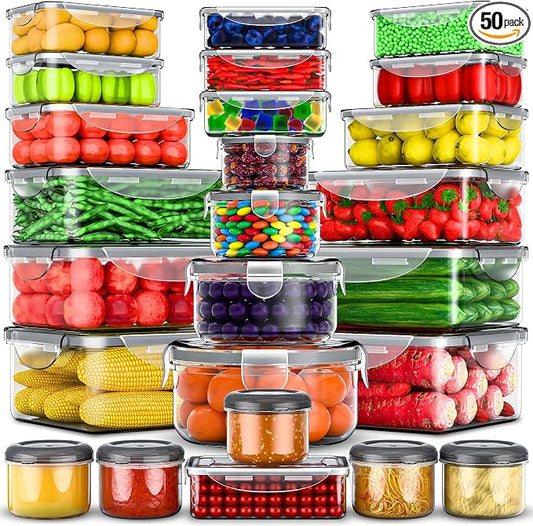 RockBerry 50 Pcs Large Food Storage Containers with Lids Airtight-85 OZ to small Containers-Total 526OZ Stackable Kitchen Set -BPA Free Leak proof containers- Freezer Microwave safe | Total 526 Oz BPA Free Plastic Stackable Containers For kitchen Pantr...