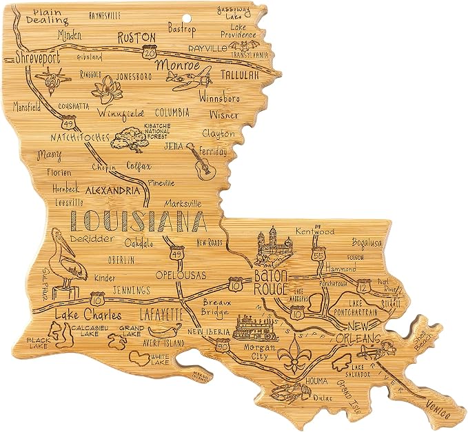 Totally Bamboo Destination Louisiana State Shaped Cutting Board | State charcuterie serving board with engraved map artwork. Smooth reverse side for food prep. Hang tie for wall display.