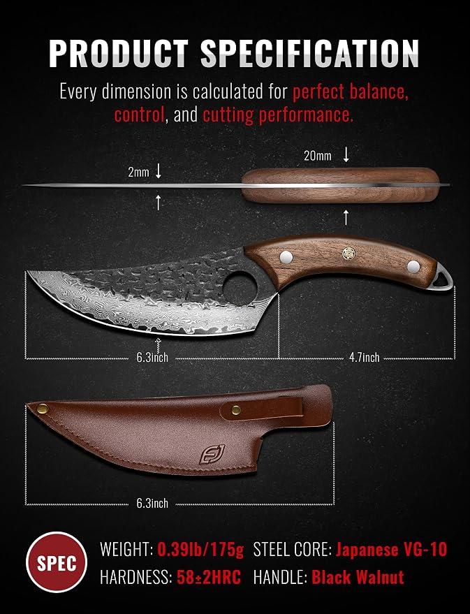 Damascus Chef Knife, 6.3" Japanese 67-Layer Steel, Walnut Handle | Includes leather sheath and gift box, designed for kitchen use, BBQ, camping, and outdoor cooking.