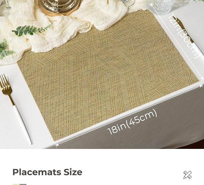 Leetaltree Gold Placemats Set of 4 - Heat Resistant Non-Slip Place mats for Dining Table, Washable Durable PVC Vinyl Woven Table Mats(Luxury Gold, 4)