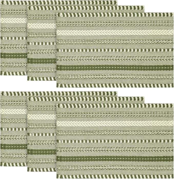Artoid Mode Army Green Farmhouse Woven Braided Stripe Placemats Set of 6,12x18 Inch Seasonal Holiday Table Mats Party Kitchen Dining Decoration