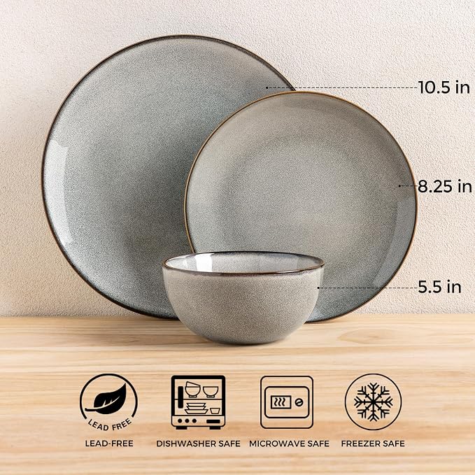 GBHOME Dinnerware Sets for 4, 12 Pieces Ceramic Plates and Bowls Set | Scratch Resistant Stoneware Dishes Set, Dishwasher & Microwave Safe, Reactive Glaze-Green Wheat