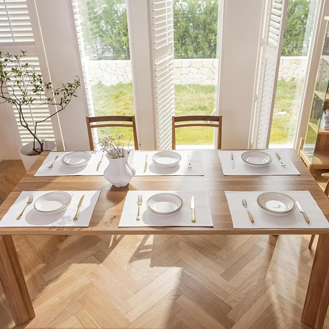 Demetex White Placemats Set of 6 Heat Resistant Linen Place Mats Washable Dining Table Plate Mat for Holiday Wedding Kitchen Decor, Pure White
