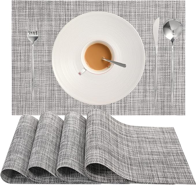 Zupro Gray Placemats Set of 4 Woven PVC 18"x12" for Indoor Outdoor Usage | Washable Heat-Resistant Non Slip Table Mats PVC Vinyl Kitchen Dining Patio Table Place Mats for Holidays Dinner Parties BBQs
