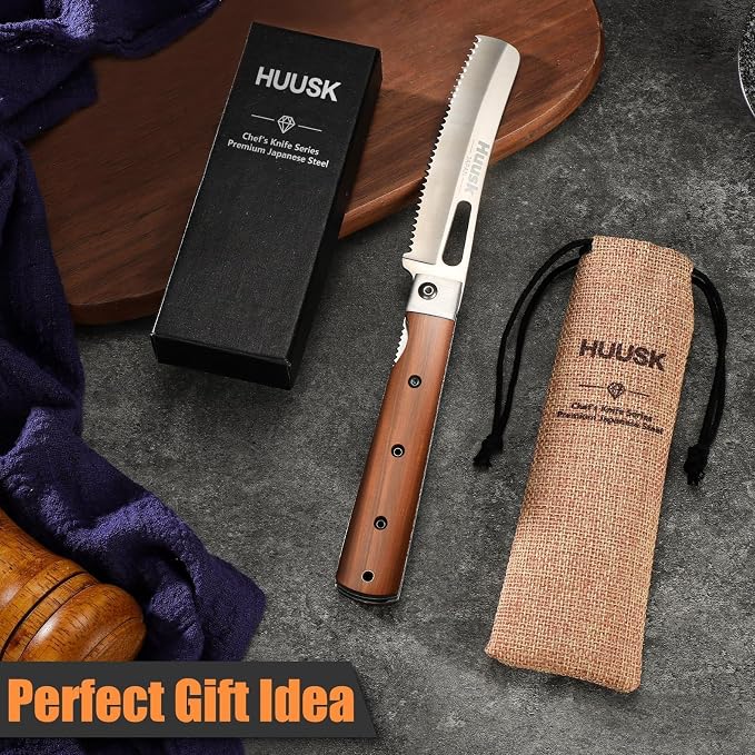 Huusk Folding Bread Knife for Homemade Bread - Portable Bread Knives | 440C Stainless Steel, Wooden Handle, Gift Box, Wide Wavy Edge for Steak, Tomato