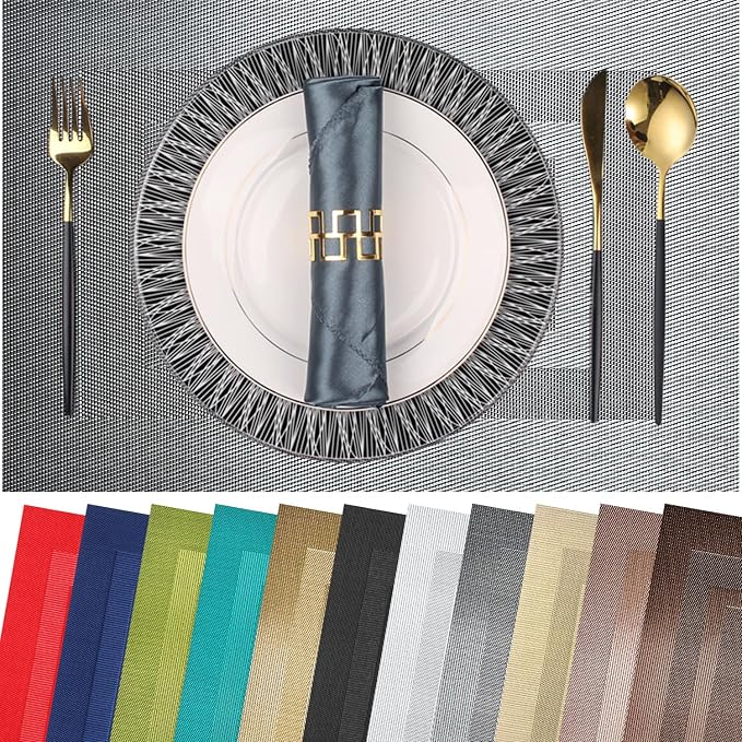 PIGCHCY Placemats Set of 12 Washable Durable Place Mats Vinyl Heat Resistant Non-Slip Table Mats Indoor Outdoor (18 x 12 inches, Silver Black)