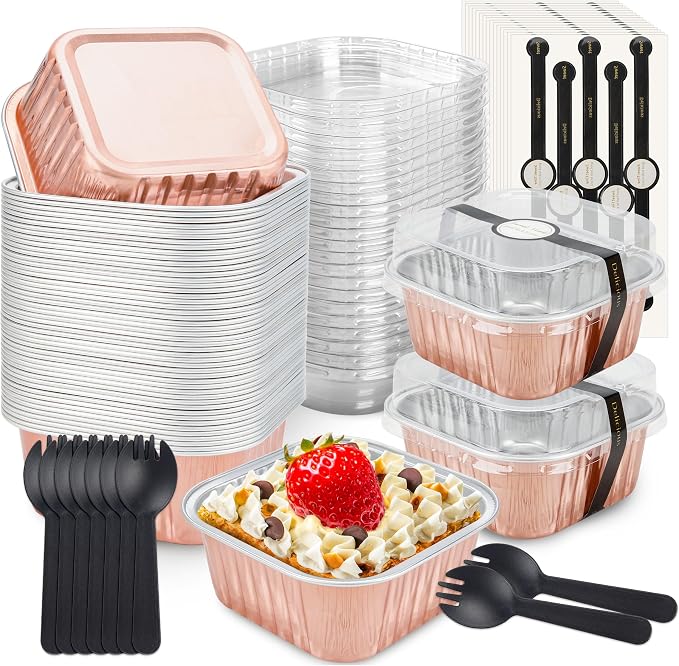NPLUX Square Foil Cups with Lids, 50 Pack Champagne 5oz for Weddings | Fits tartlets, pudding desserts, loaf slices and sweet samples; compact shape makes tray planning easier.