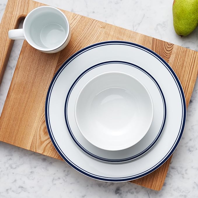 Amazon Basics 16-Piece Cafe Stripe Dinnerware Set, Microwave and Dishwasher Safe, Plates, Bowls, Mugs, Service for 4, Blue
