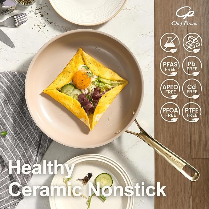 Ceramic Frying Pan with Stainless Steel handle 5Pcs Set, Non-toxic Non Stick Grill Pan Set, Induction, Dishwasher and Oven Safe, Stone Black & Light Gold Handle, 8'', 9'', 11'' Skillet