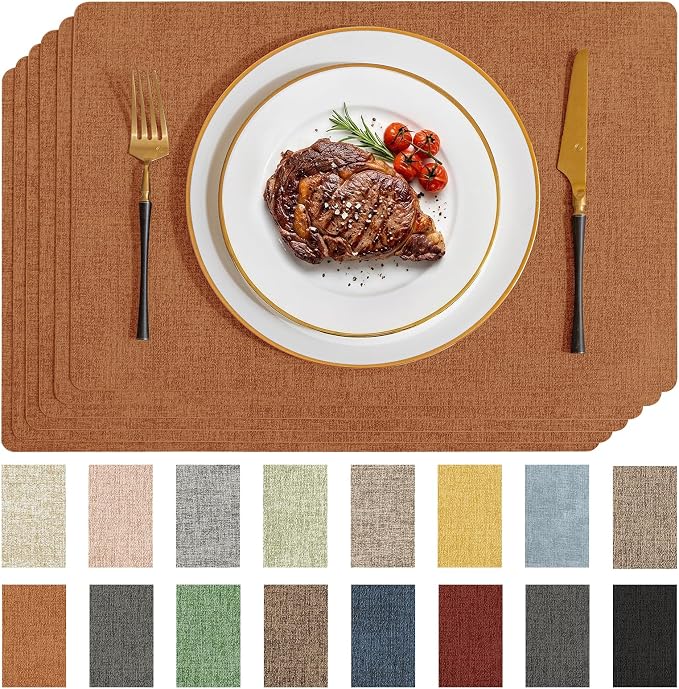 Romanstile Vinyl Placemats Set of 6-12 X 17 Inch - Faux Leather 100% Waterproof Wipeable Anti Slip Place Mats, Heat Resistant Reversible PU Table Mats for Kitchen Dining Party Outdoor, Orange