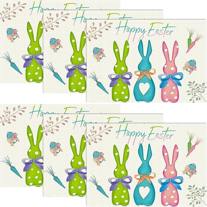 Green Blue Pink Rabbit Bunny Easter Placemats Set of 6, 12x18 Inch Spring Jesus Easter Table Mats for Holiday Party Kitchen Dining Room Decoration