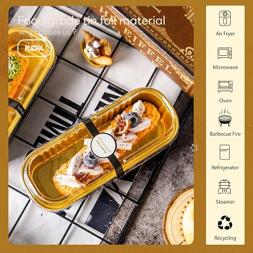 NPLUX Loaf Pans with Lids, 100 Pack Black Gold 6.8oz for Bakery Gifts | Use for tasting samples, dessert bars, fruit cups and brownies; clear top helps buyers see the finished look.