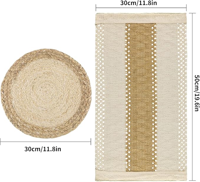Handmade Boho Placemats Set of 4 - Natural Cotton Burlap and Water Straw Woven Combination Table Mats, Macrame Décor and Farmhouse Style Placemats, for Dining Table Kitchen