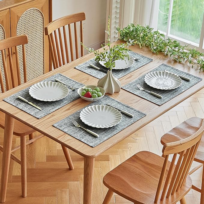 Softalker Faux Linen Placemats Set of 4-12 x 18 Inch, Heat Resistant Double Layered Durable Burlap Farmhouse Place Mats, Non-Slip Washable Rustic Table Mats for Dining, Kitchen, Party（Ash Grey