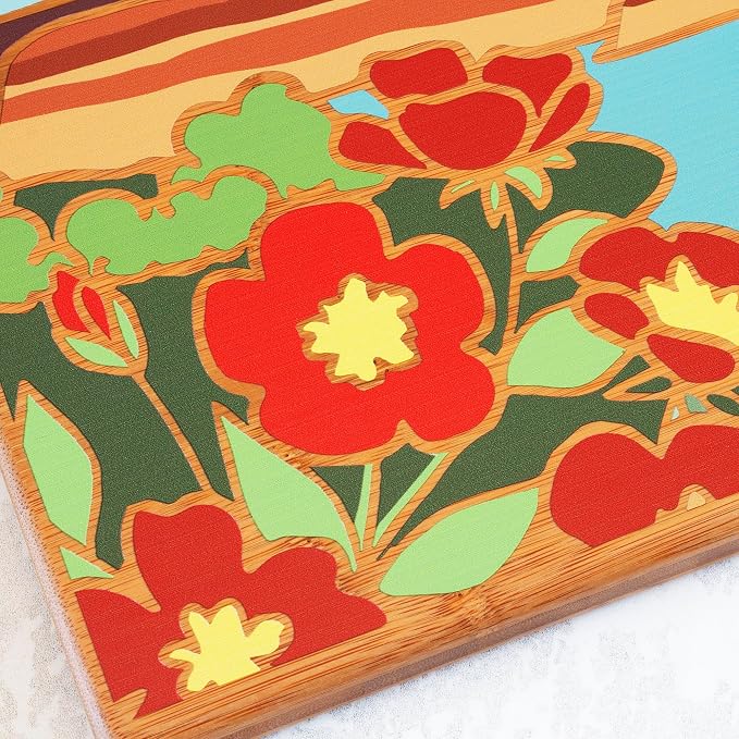 Totally Bamboo North Dakota State Shaped Cutting Board, Summer Stokes Art | State charcuterie board with colorful hand-drawn landscape art. Smooth reverse side for food prep. Hang tie for wall display.