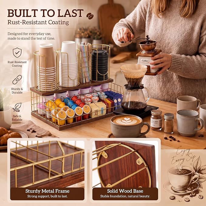 Coffee Cup and Lids Organizer with 4-compartment Double Layer, Cup and Lid Holder for Coffee Pod Straw and Lid Storage, Fits 4-20 oz Cups, Max Accommodable Dia 3.9 in