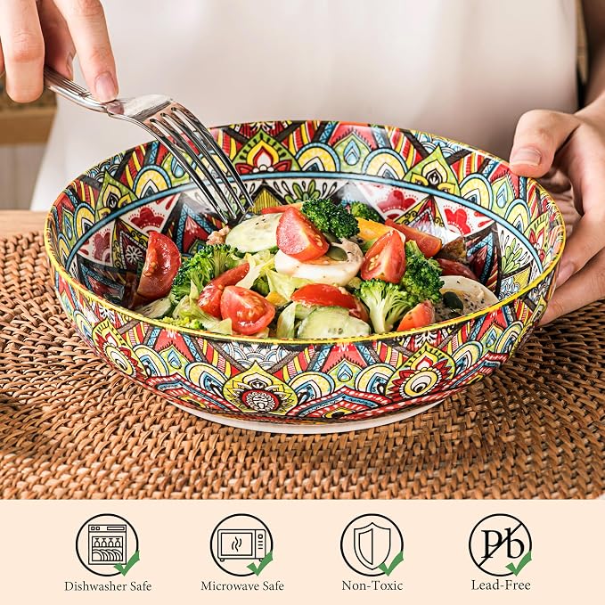 Henten Home Ceramic Pasta Bowls, 50 oz Soup Bowl Set of 2, Colorful Large Salad Bowls, Bohemia Shallow Serving Bowls Set for Noodles, Microwave & Dishwasher Safe (Set A)