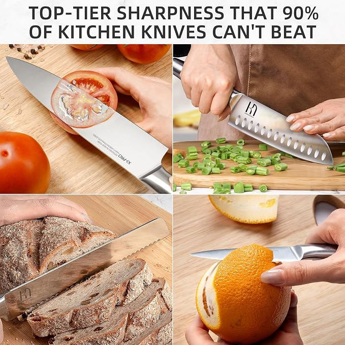 KnifeSaga 14 Pcs Knife Set with Block, Premium, Razor Sharp, Japanese Steel | Innovative Steel, High Carbon Stainless, Enduring Sharpness, Ergonomic Handle, Quality Natural Wood Block, Gift Box