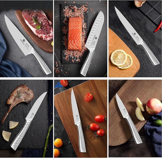 imarku® Knife Set, 14PCS Knife Sets for kitchen with block, One-Piece Kitchen Knife Sets with Built-in Sharpener, Stainless Steel Chef Knife Set with Lightning Stripes Handle, Dishwasher Safe(Wood)