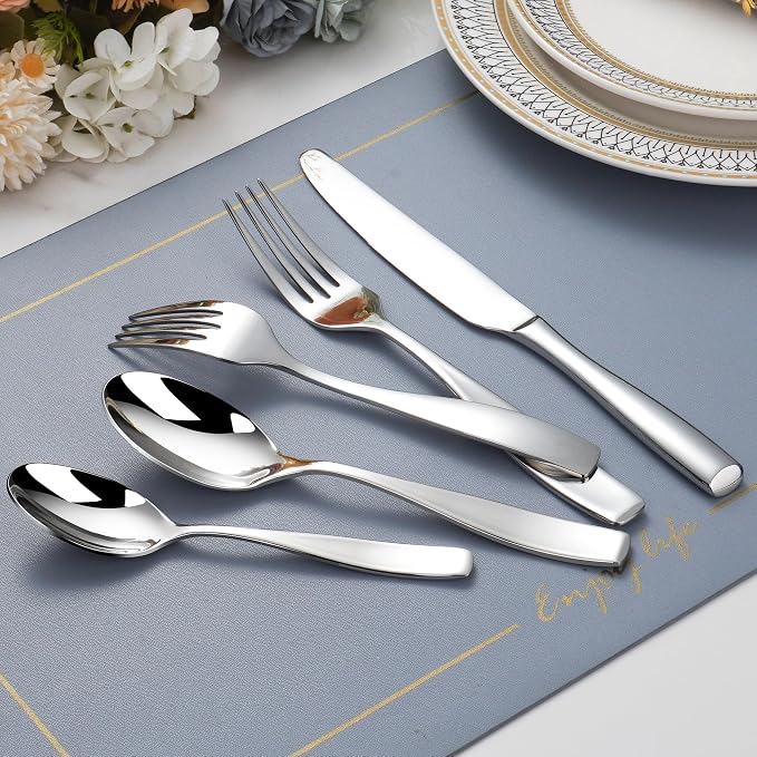 40 Piece Stainless Flatware Sets for 8, 18/10 Heavy Stainless Steel Flatware, Heavy Duty Silverware Set, High End Flatware, Mirror Satin, Dishwasher Safe, Ideal for Gift