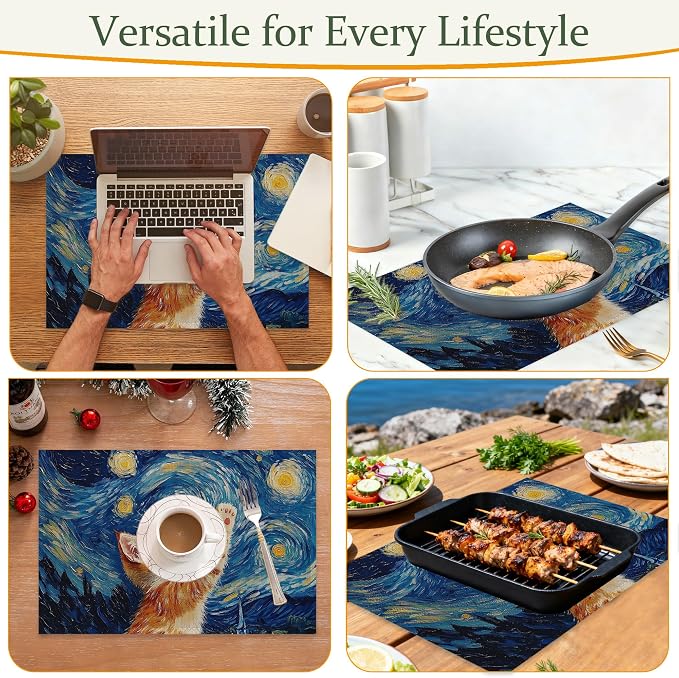 Cute Cat Cloth Placemats,Blue Starry Sky Heat-Resistant Table Placemats Set of 6, Washable Linen Place Mats for Dining Room Table Decor Home Restaurant Cafes Holiday Party 11.8x17.7 Inch