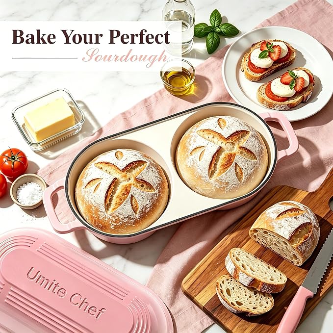 Umite Chef Dutch Oven for Sourdough Bread Baking – Enamelled Cast Iron Bread Loaf Pot – 500°F Oven Safe– Double Round Loaf Space, 16.5“ Diameter, 5" Banneton Proofing Baskets & Cotton Potholders(Pink)