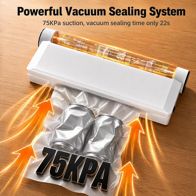 Compact Vacuum Sealer for Food, 75Kpa Food Sealer Machine | 75 Kpa Strong Suction, LED Display, Dual Use for Dry & Wet Foods, with 20 Bags, Ideal for Home Kitchen, White
