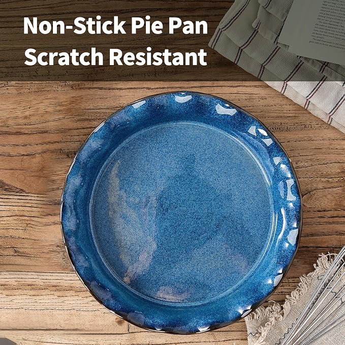 Ceramic Pie Pan for Baking[10.5 inch],Reusable NonStick Ceramic Baking Dish | Reusable NonStick Ceramic Pie Plate with Ruffled Edge,Deep and Fluted Pie Dish for Apple Pie,Quiche,Pot Pies, Tart, etc（Blue）
