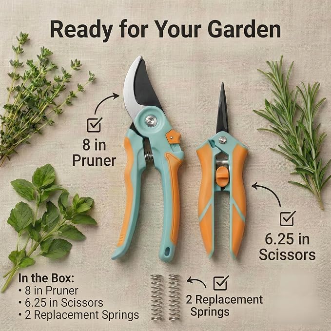 NEXON Pruning Shears 2-Pack — 8" Bypass Hand Pruner & 6.25" Precision Snips, SK5 Steel Blades with Non-Stick Coating, Lightweight Garden Shears for Roses, Flowers & Shrubs, Blue