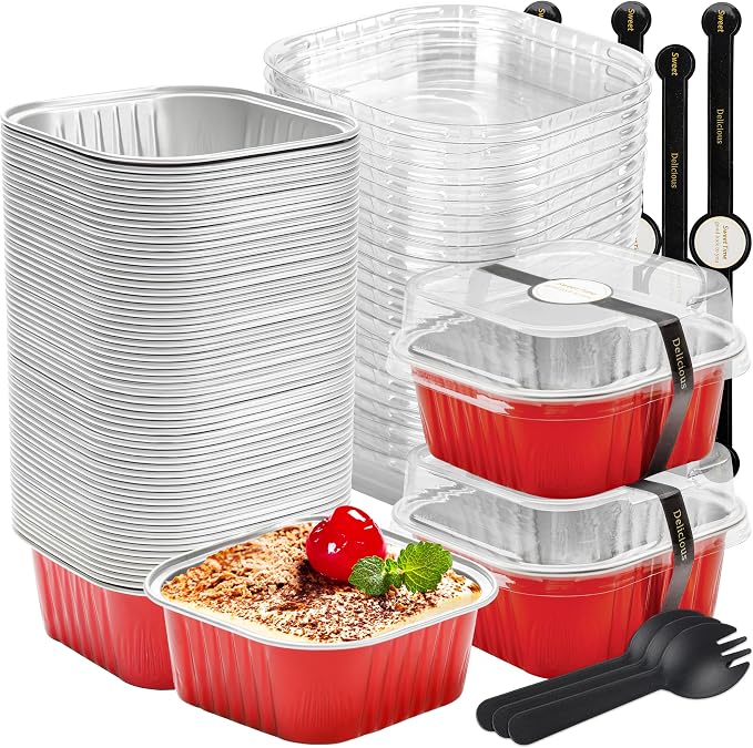 Mini Cake Pans with Lids, 60 Pack Red 5oz for Family Parties | Use for mousse layers, cheesecake squares, blondies and candies; organized pieces help speed up service lines.