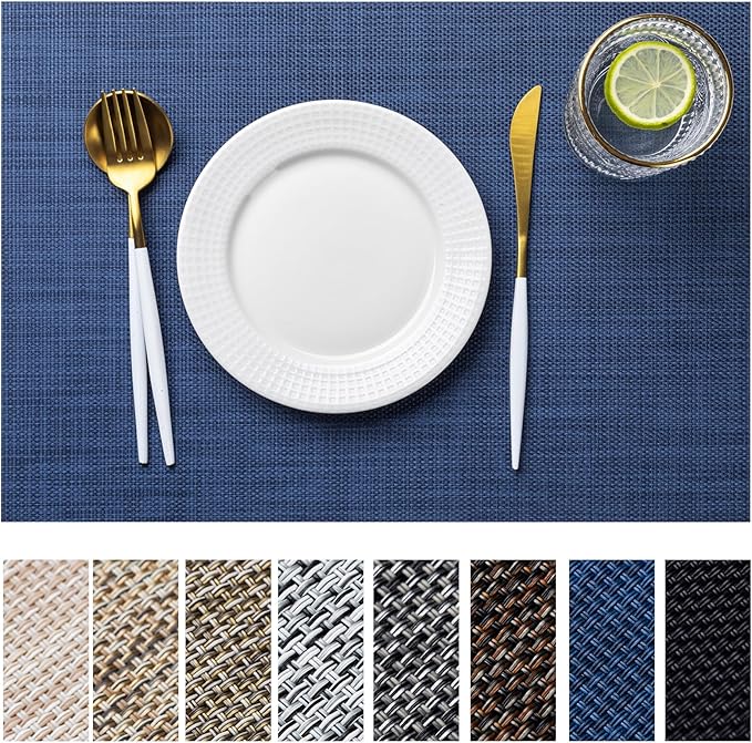 LEXMORE Placemats Set of 8 Vinyl/Plastic Woven Place Mats for Kitchen Table Indoor/Outdoor Washable Placemat Wipeable Dining Table Mats(Navy Blue)