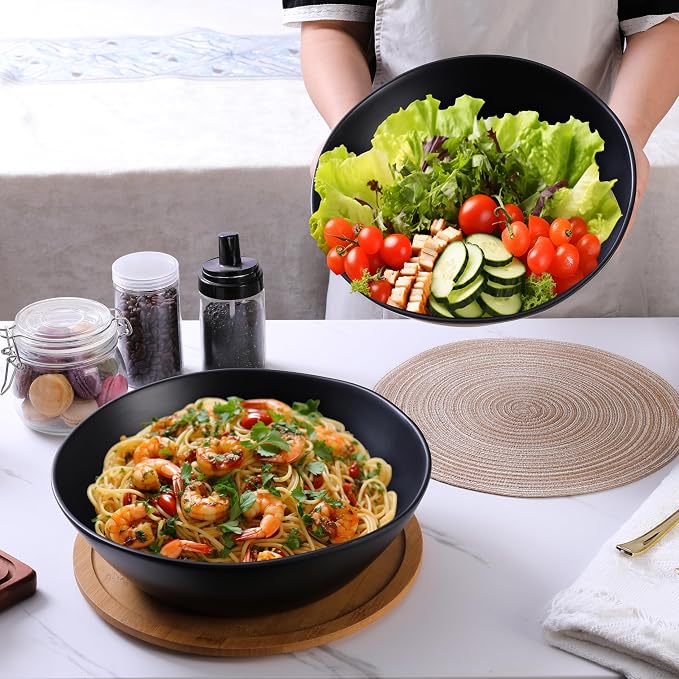 Melamine Large Salad Bowls, 12'' Unbreakable Serving Bowls for Salads, Fruits, Pasta Entertaining, Dinner Parties, Dishwasher Safe bowls, BPA-free, Set of 2, Matte black