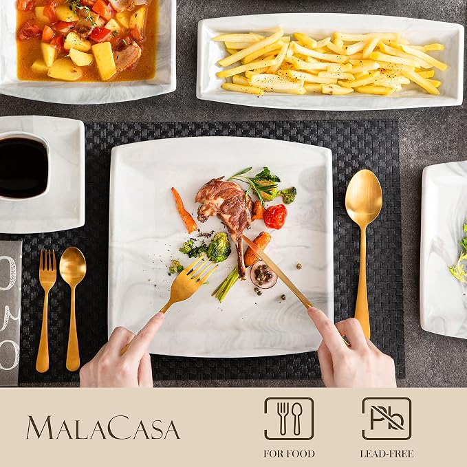 MALACASA Dinnerware Sets, 32 Pieces Porcelain Plates and Bowls Sets for 6, Marble Grey Dishes with Plates and Bowls, Cups and Saucers, Side Dish Plates, Square Dinner Set, Series Blance | Complete with Plates, Bowls, Cups, Saucers, Microwave Oven and D...