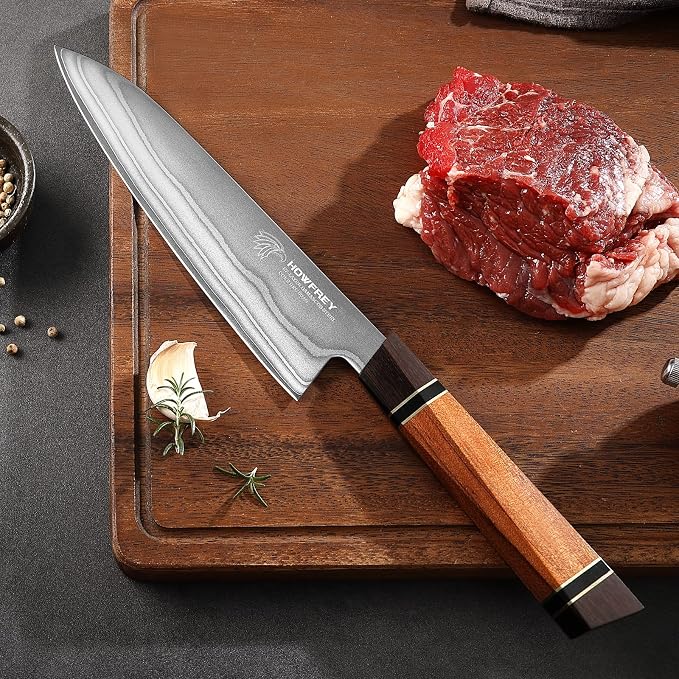 Japanese Chef Knife, Hand Forged 8 Inch 9 Layers 9CR18MOV High Carbon Steel Kitchen Knife with Bubinga Non-standard Octagonal Handle, Cooking Knives for Home Kitchen Gift Idea