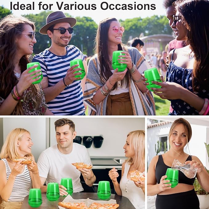 Green Stemless Wine Glasses Set of 6, 15oz Drinking Glassware Dishwasher Safe, Wine Glass Tumblers for Red or White, Gift for Party, Holiday, Anniversary, Restaurant, Home Bar, Daily Use