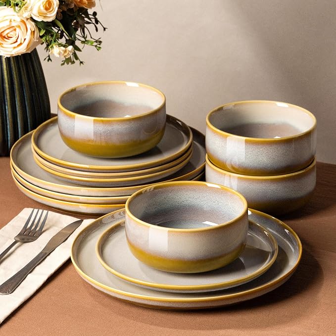 Ceramic Dinnerware Set for 4, 12-Piece Plates and Bowls Set | Handmade Reactive Glaze Dish Set, Scratch Resistant, Oven & Microwave & Dishwasher Safe, Autumn Haze
